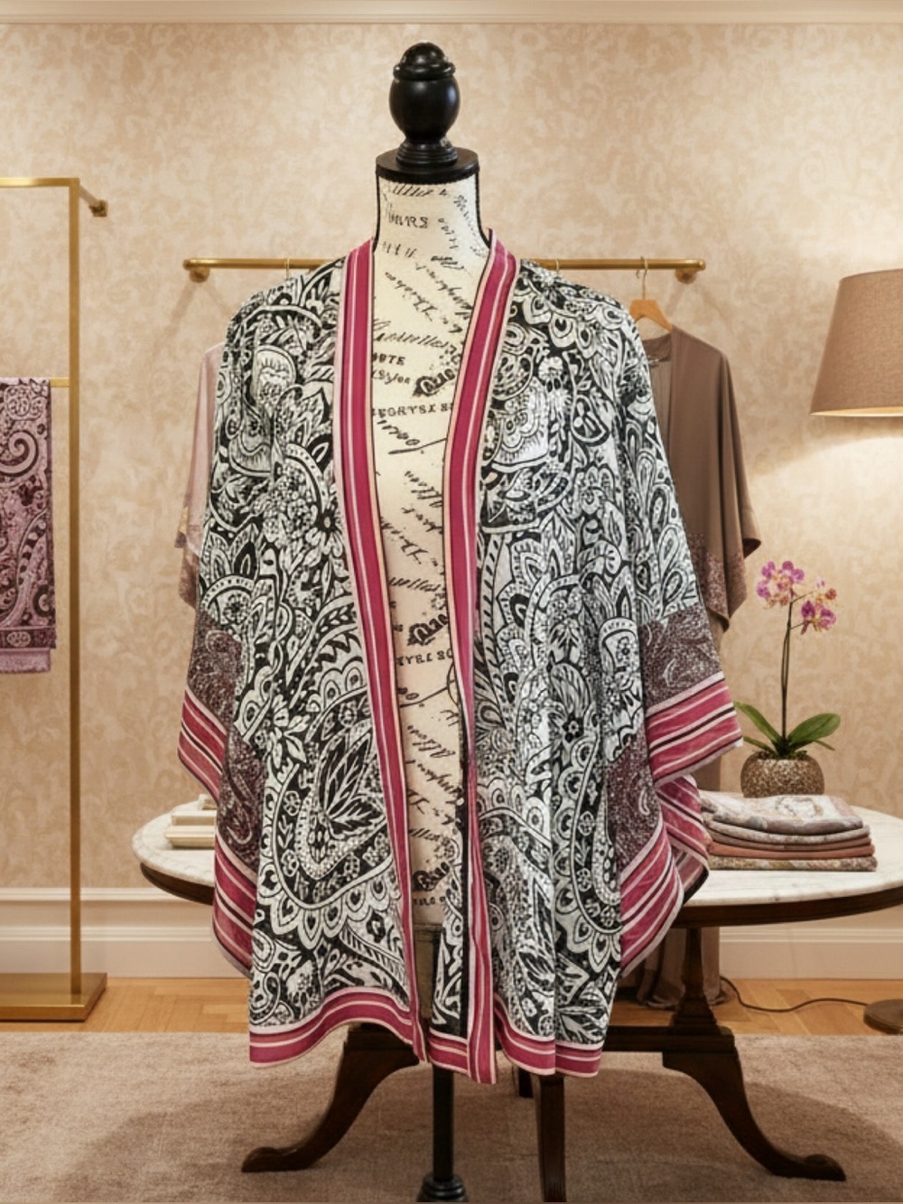 👙New Directions Black,Red & White Paisley Print Kimono Cover All-Size 2X👙NWOT 👙